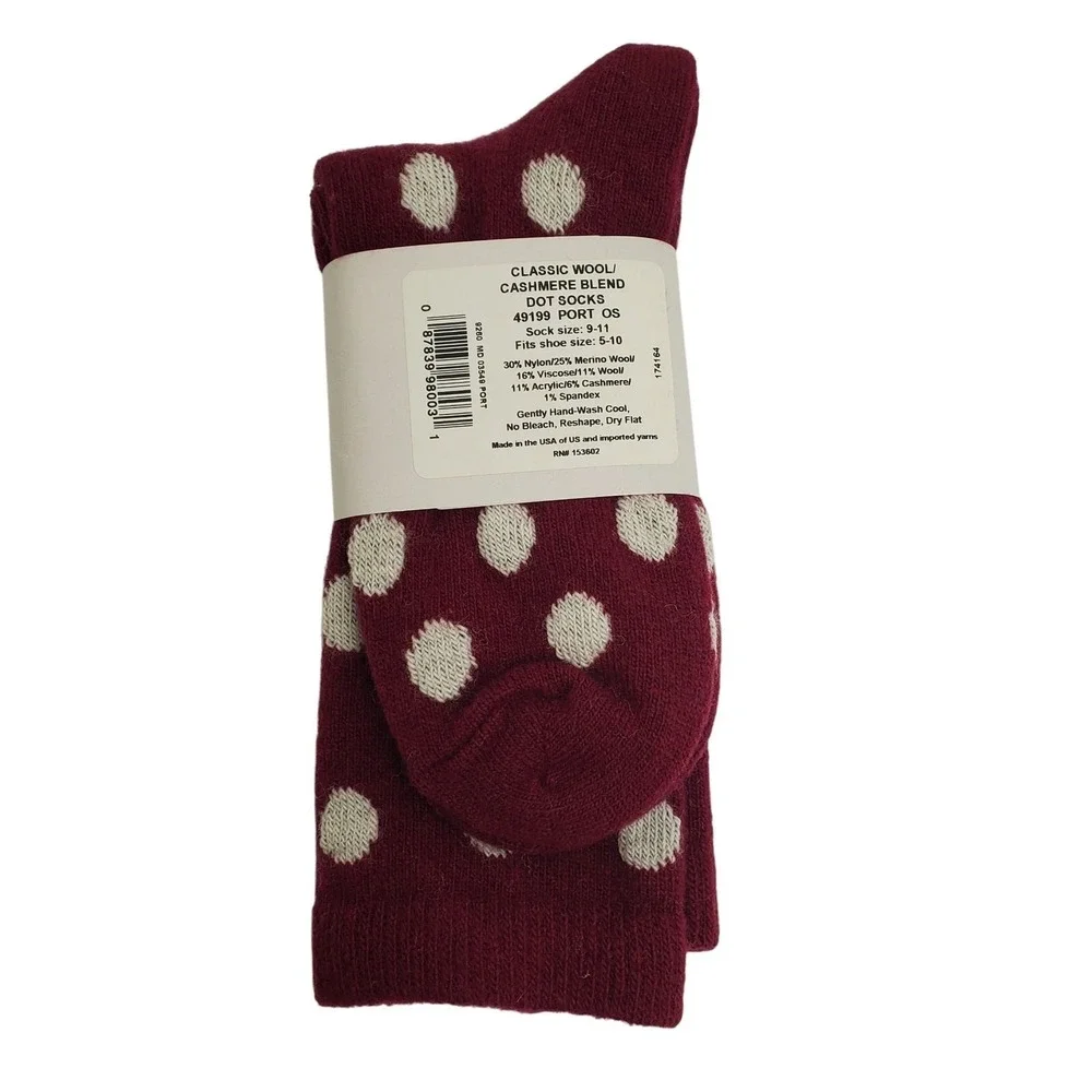 Port Red Cream Dot Crew Socks Medium Garnet Hill 9-11 Warm Cozy Cashmere Blend M